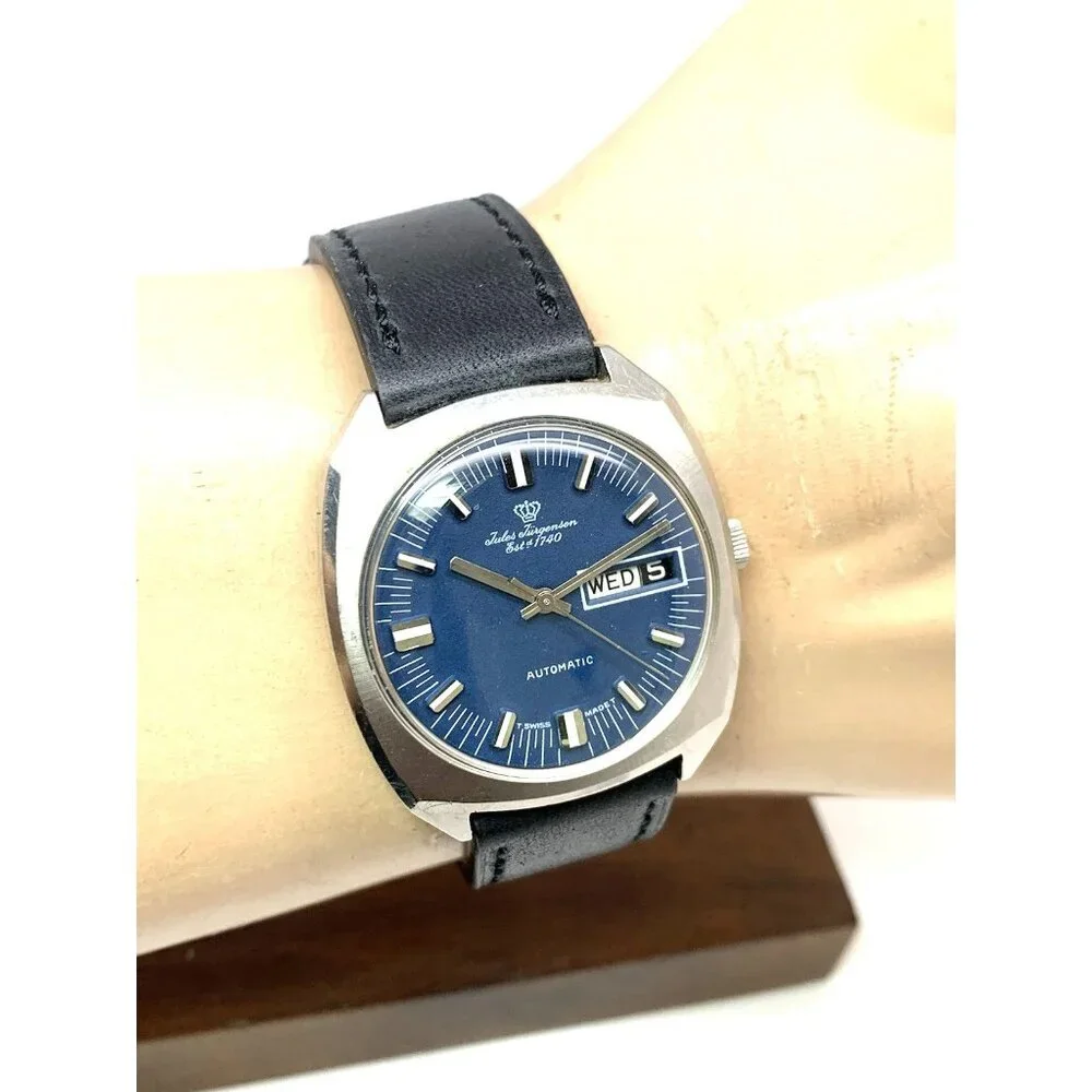 Jules Jurgensen Men's Watch Vintage Swiss Automatic Blue Dial Day Date 35mm